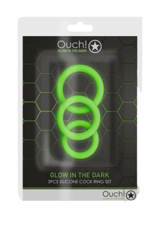 Ouch! Cock Ring Silicone Set (3pc) Glow in the Dark - Green